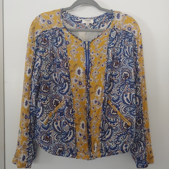 Umgee Boho Paisley Yellow Blue Bomber Jacket Medium Mixed Print - Picture 2 of 11